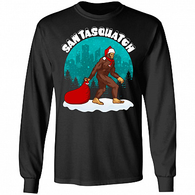 Santa Bigfoot Santasquatch Christmas Coming Hoodie Sweatshirt - Believe Bigfoot Believers Winter T-Shirt, Black, Long Sleeve