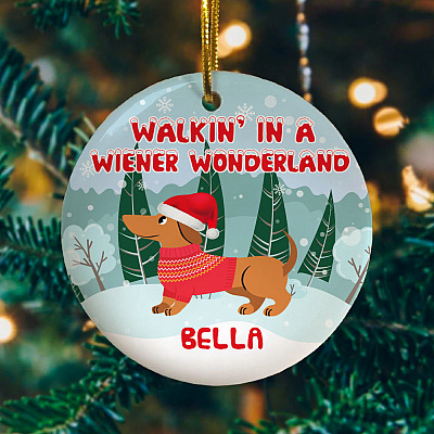 Alternative view of Personalized Walkin' In A Wiener Wonderland Dachshund Winter Wiener Dog Christmas Circle Ornament Keepsake