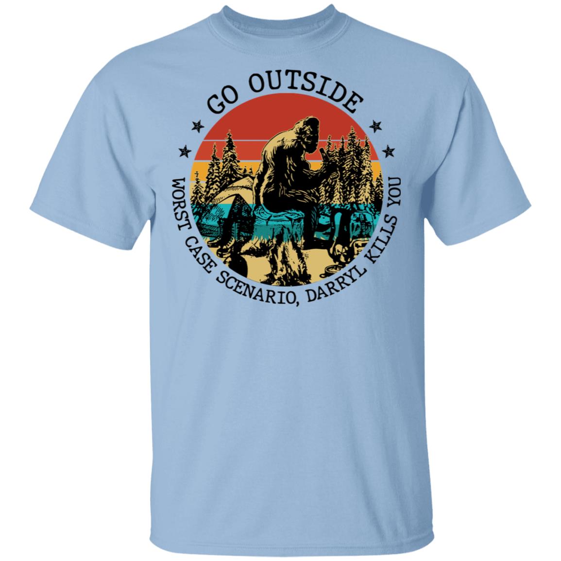 Go Outside Worst Case Scenario Darryl Kill You Shirt - Funny Darryl Shirt - Retro Vintage Bigfoot Shirt, Light Blue, Unisex T-Shirt