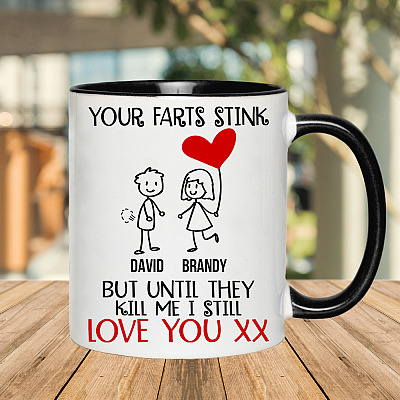 Alternative view of Personalized Your Farts Stink but Until They Kill Me I Still Love to Boyfriend Accent Coffee Mug