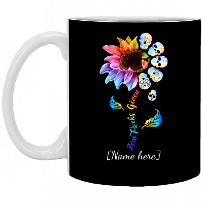 Personalized Zero Fuck Given Sunflower Skull Mandala Ceramic Coffee Mug - Beer Stein - Water Bottle, Black, 11 oz. White Mug