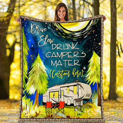 Alternative view of Personalized Drunk Campers Matter Happy 5 Wheels Camper Drunk Camping Family Customized Woven Sherpa Blanket