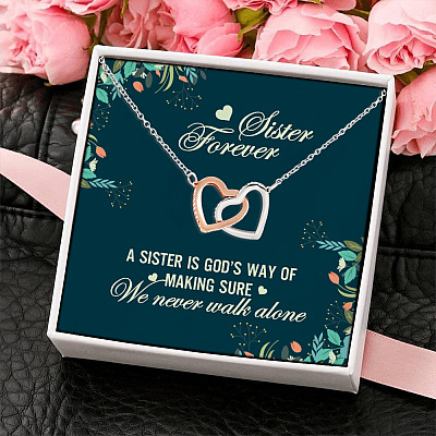 Alternative view of Sister Forever A Sister Is God's Way Of Making Sure We Never Walk Alone Joined Interlocking Hearts Pendant Necklace