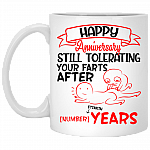 Personalized Happy Anniversary Tolerating Farts For Years Ceramic Coffee Mug - Funny Wedding Couple Mug, White, 11 oz. White Mug Personalized Happy Anniversary Tolerating Farts For Years Ceramic Coffee Mug - Funny Wedding Couple Mug, White, 11 oz. White Mug