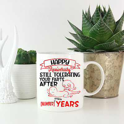 Alternative view of Personalized Happy Anniversary Tolerating Farts For Years Ceramic Coffee Mug - Funny Wedding Couple Mug