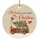 Red Trucks All Hearts Come Home For Christmas Decorative Christmas Holiday Flat Circle Ornament Keepsake, White, subornc-circle-ornament