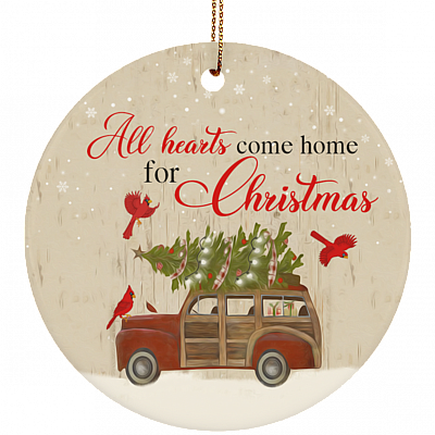 Red Trucks All Hearts Come Home For Christmas Decorative Christmas Holiday Flat Circle Ornament Keepsake, White, subornc-circle-ornament