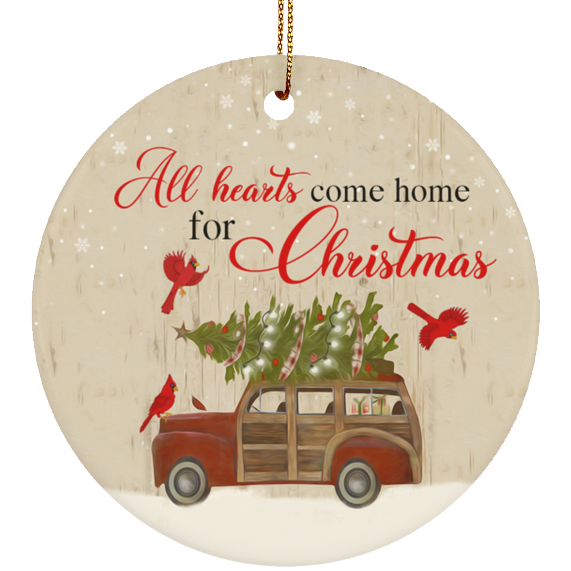 Red Trucks All Hearts Come Home For Christmas Decorative Christmas Holiday Flat Circle Ornament Keepsake, White, subornc-circle-ornament