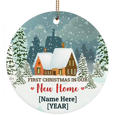 Personalized First Christmas In Our New Home New Couple Married Mr & Ms Holiday Decoration Circle Ornament, White, subornc-circle-ornament