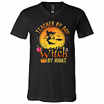 Teacher By Day Witch By Night Halloween T-Shirt - V-Neck Tee, Black, V-Neck T-Shirt