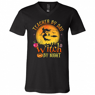 Teacher By Day Witch By Night Halloween T-Shirt - V-Neck Tee, Black, V-Neck T-Shirt