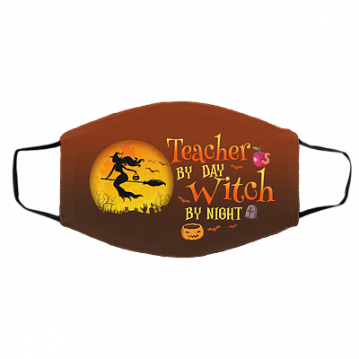 Teacher By Day Witch By Night Halloween Washable Reusable Custom - Printed Cloth Face Mask Cover, White, Cloth Face Cover – Medium/Large