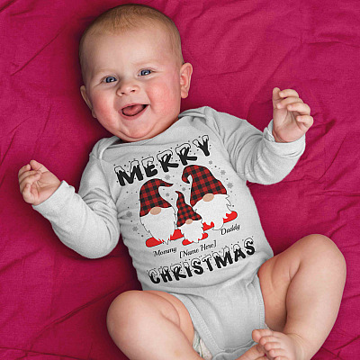 Alternative view of Personalized Merry Christmas Gnomes Baby Onesie - Cute Gnomes Family Toddler Baby Infant Bodysuit