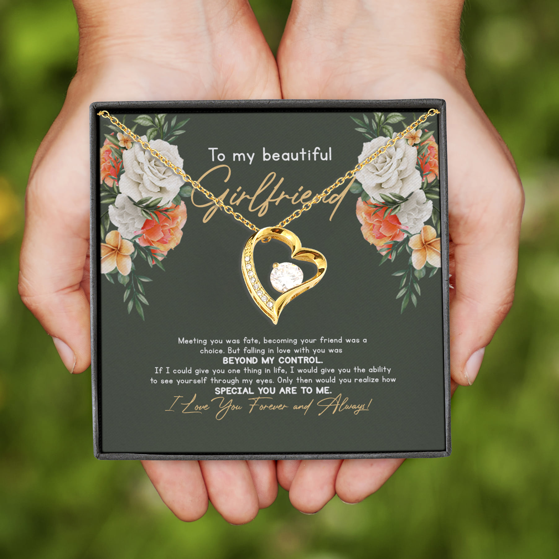 4VT. To My Beautiful Girlfriend Message Card Forever Love Necklace (Gold)