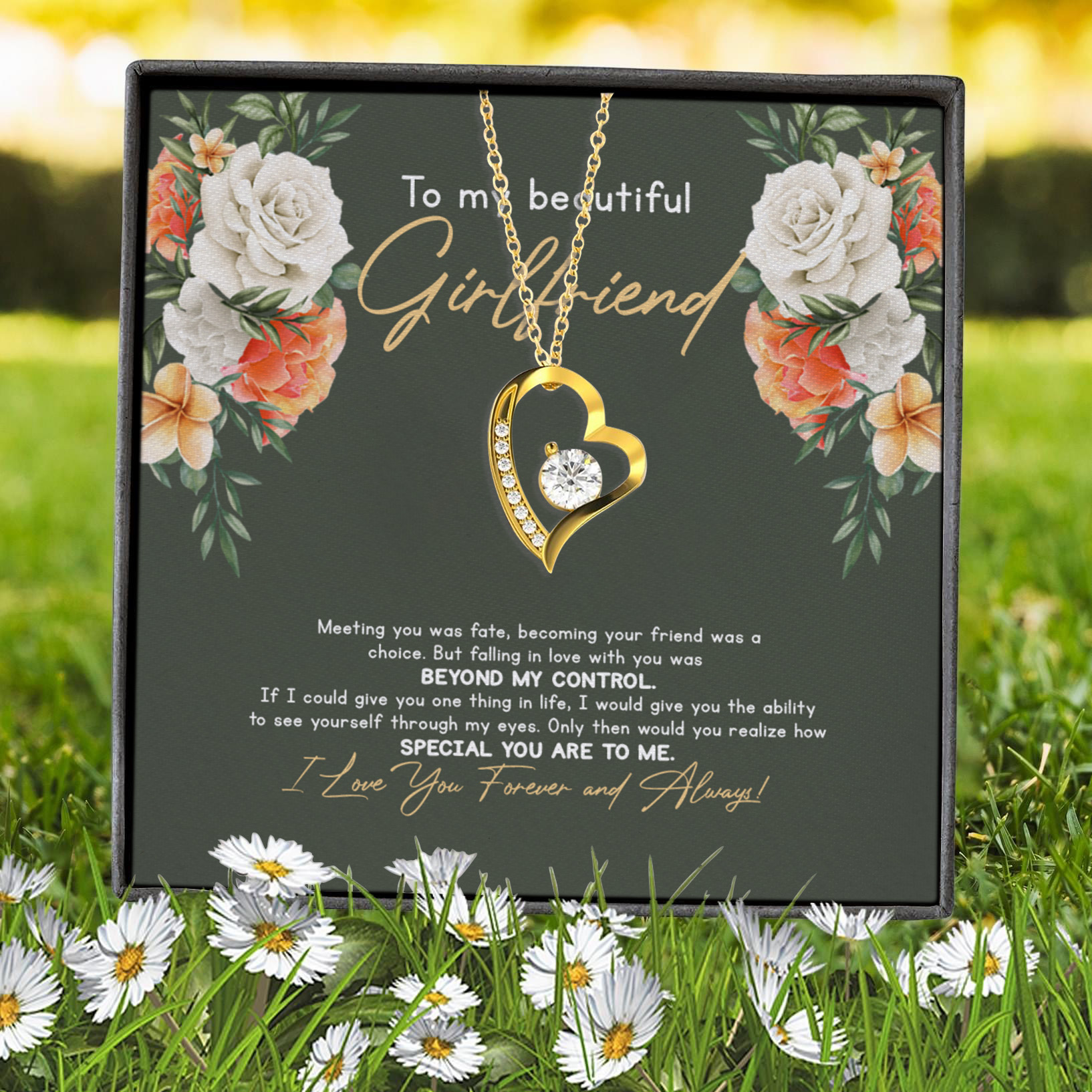 4VT. To My Beautiful Girlfriend Message Card Forever Love Necklace (Gold) 7