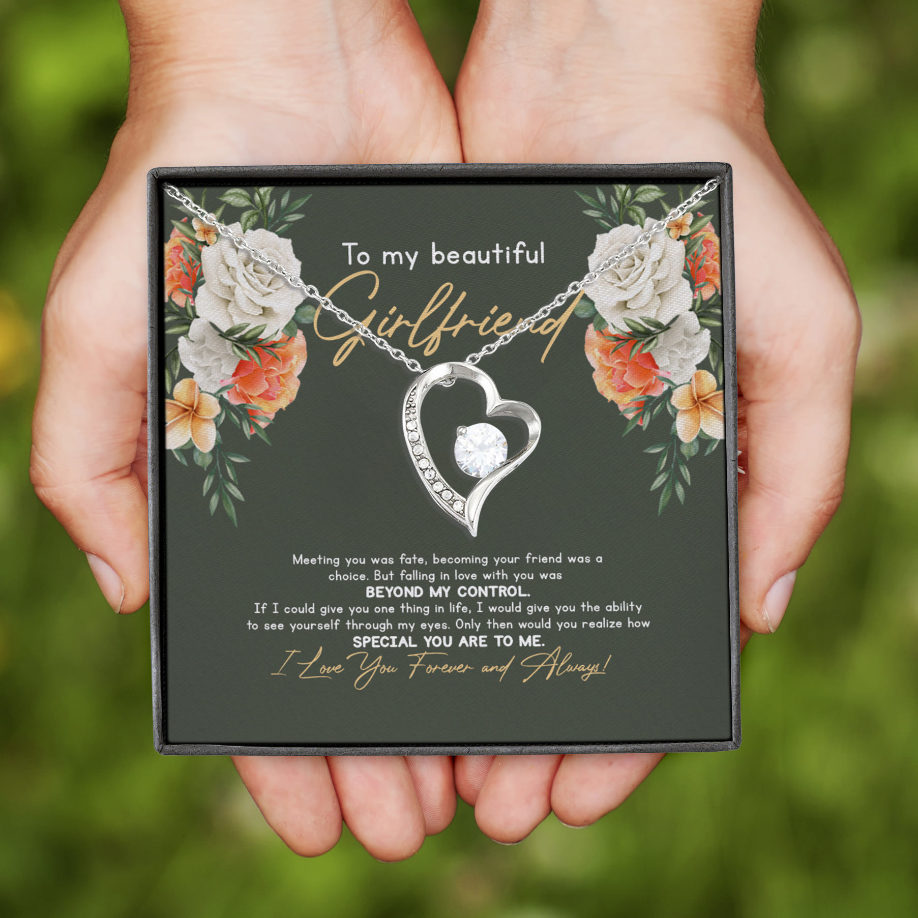 4VT. To My Beautiful Girlfriend Message Card Forever Love Necklace (Silver)