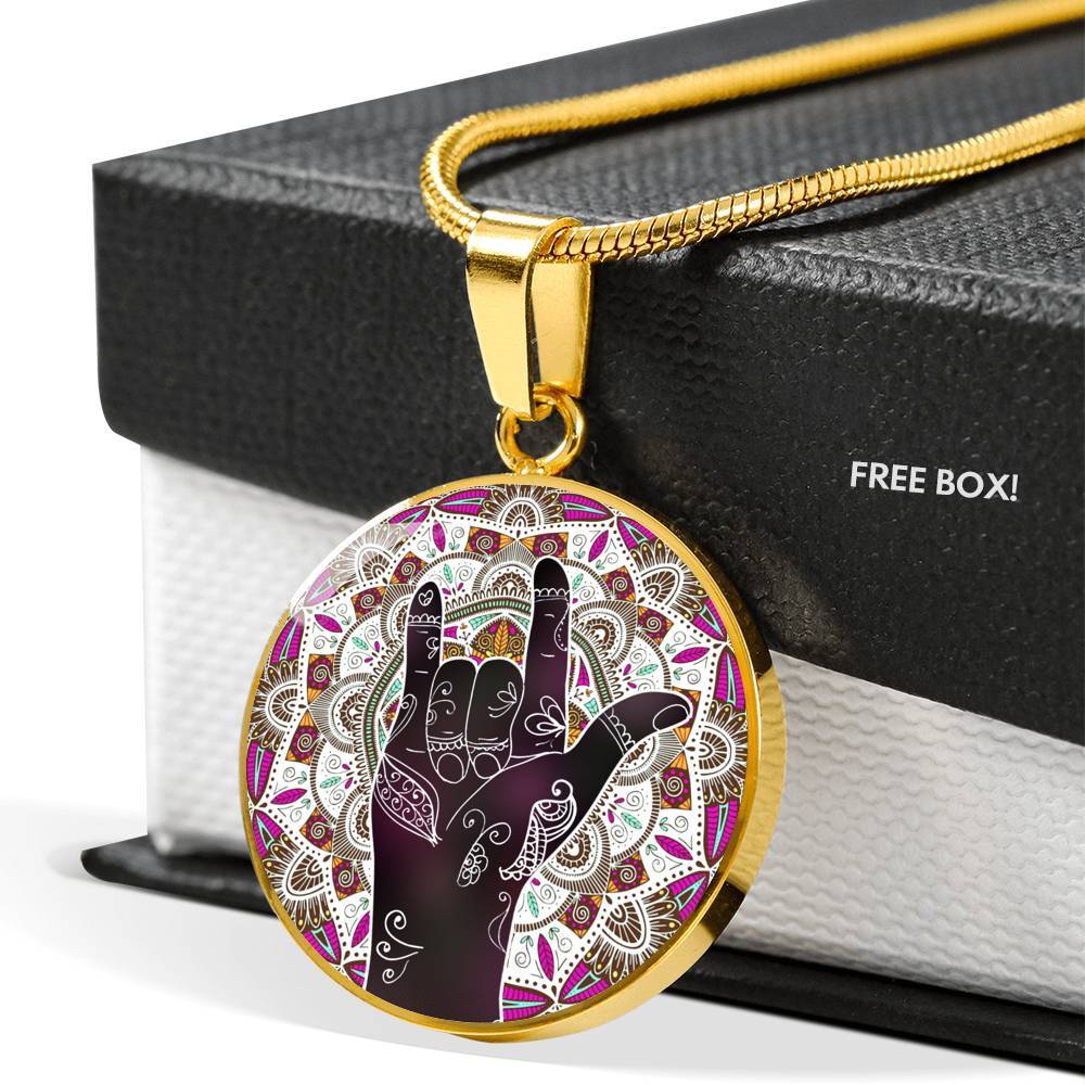 I Love You Sign Language Pendant Circle Necklace - Circle Luxury Necklace (Gold Plated)