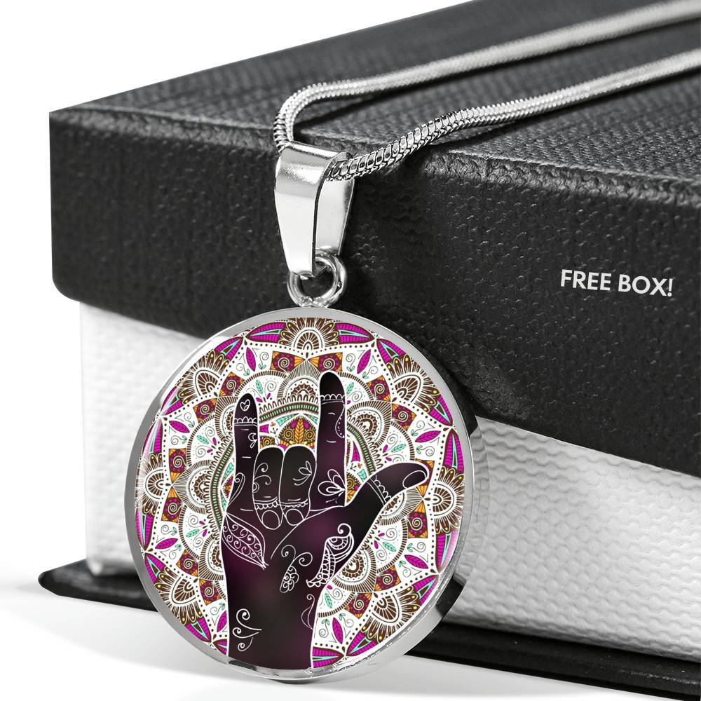 I Love You Sign Language Pendant Circle Necklace - Circle Luxury Necklace (Silver)