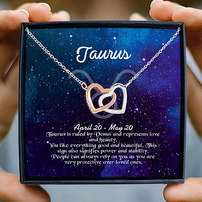 Taurus Sign Constellation Horoscope Zodiac Birthday Astrology Joined Interlocking Hearts Pendant Necklace