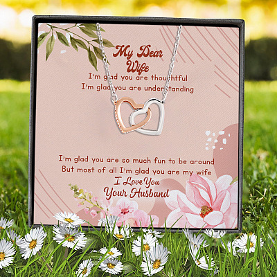 Alternative view of My Dear Wife I'm Glad You Are Thoughtful I'm Glad You Are Understanding Joined Interlocking Hearts Pendant Necklace