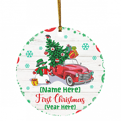 Personalized Baby's First Christmas Ornament - Truck Decorative Christmas Ornament Custom Baby Truck Ornament, White, Circle Ornament
