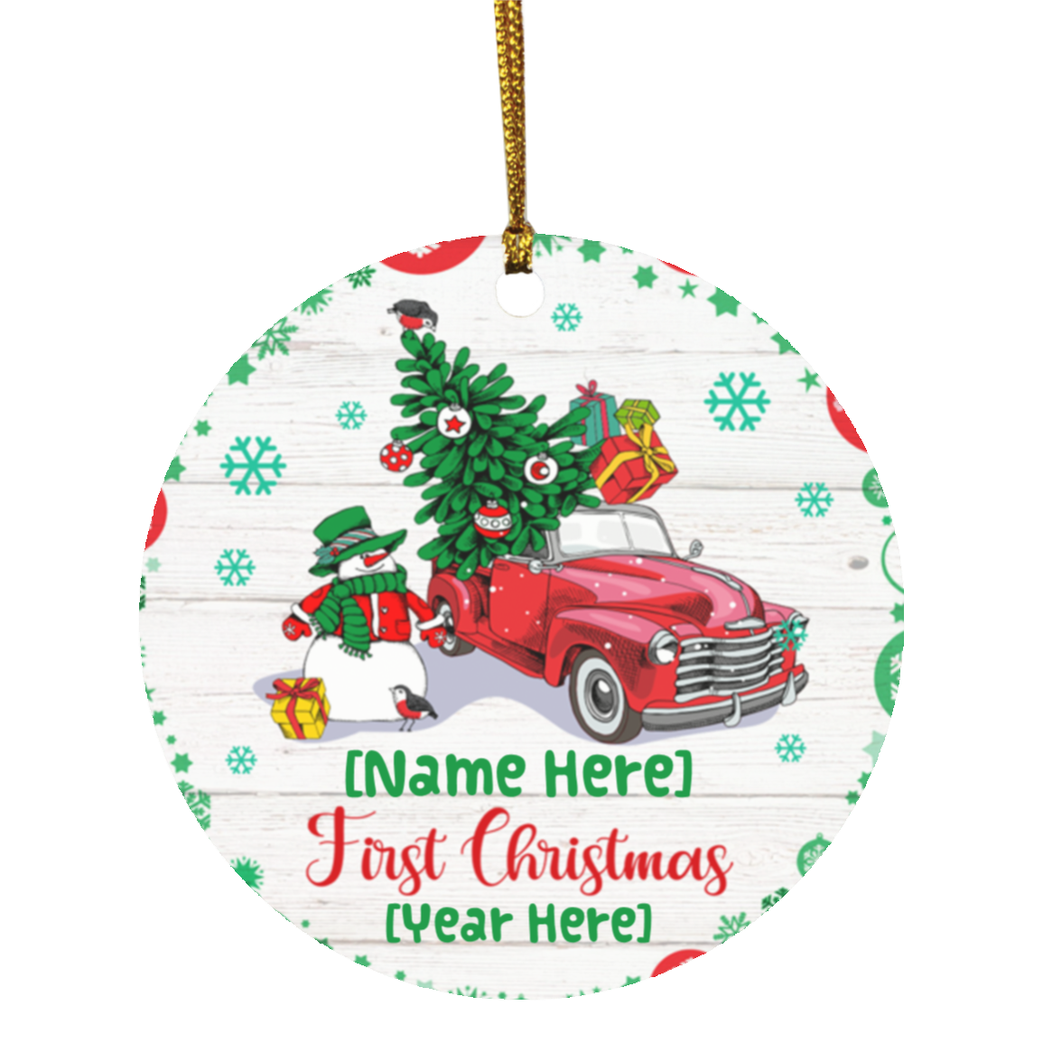 Personalized Baby's First Christmas Ornament - Truck Decorative Christmas Ornament Custom Baby Truck Ornament, White, Circle Ornament