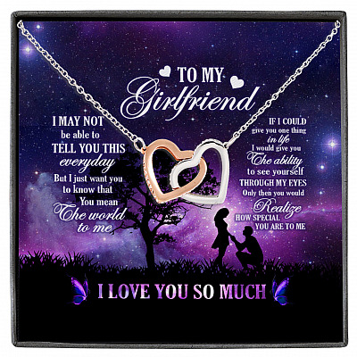 To My Girlfriend You Mean The World To Me I Love You Interlocking Hearts Pendant Necklace