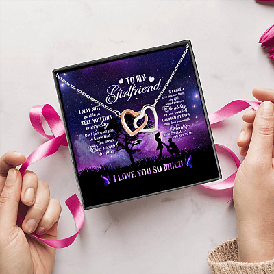 Alternative view of To My Girlfriend You Mean The World To Me I Love You Interlocking Hearts Pendant Necklace