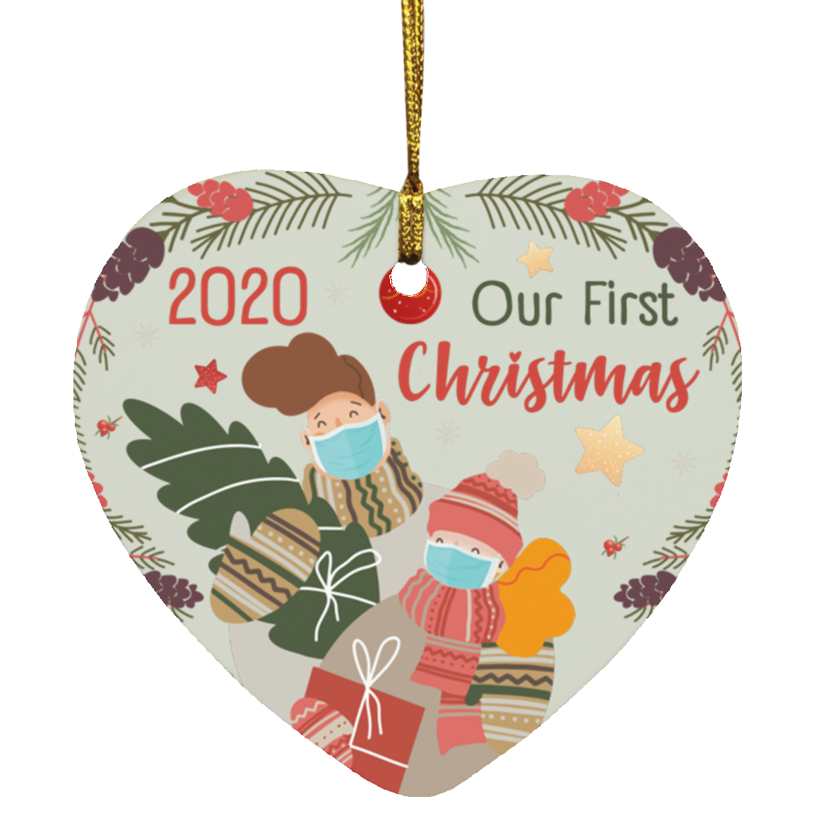 Our First Christmas 2020 Funny Quarantine Flat Holiday Heart Ornament For Couple, White, Heart Ornament