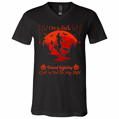On a Dark Desert Highway Feel Cool Wind in My Hair Witch Riding Brooms Halloween T-Shirt - V Neck, Black, V-Neck T-Shirt
