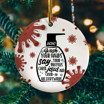 Alternative view of Funny Hand Sanitizer Wash Your Hand 2020 Christmas Flat Holiday Circle Ornament