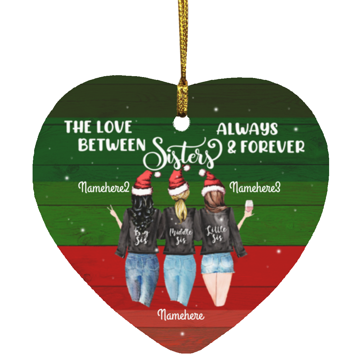 Personalized the Love Between Sister Always and Forever Sister Christmas Flat Holiday Heart Ornament, White, Heart Ornament