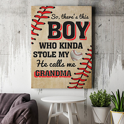 Alternative view of So There's This Boy Who Kinda Stole My Heart He Calls Me Grandma Baseball Framed Canvas Prints - Unframed Poster