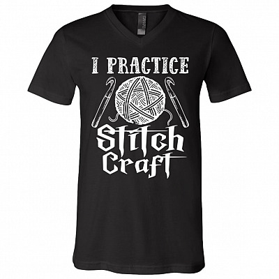 I Practice Stitch Craft Halloween Knit Funny Knitting Gift T-Shirt - V-neck - Gift For Knitting Lover, Black, V-Neck T-Shirt