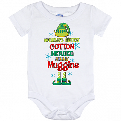 ELF World's Cutest Cotton Headed Ninny Muggins Holiday Baby Onesie - Funny Christmas ELF Baby Infant Bodysuit, White, Baby Onesie - 12 Month