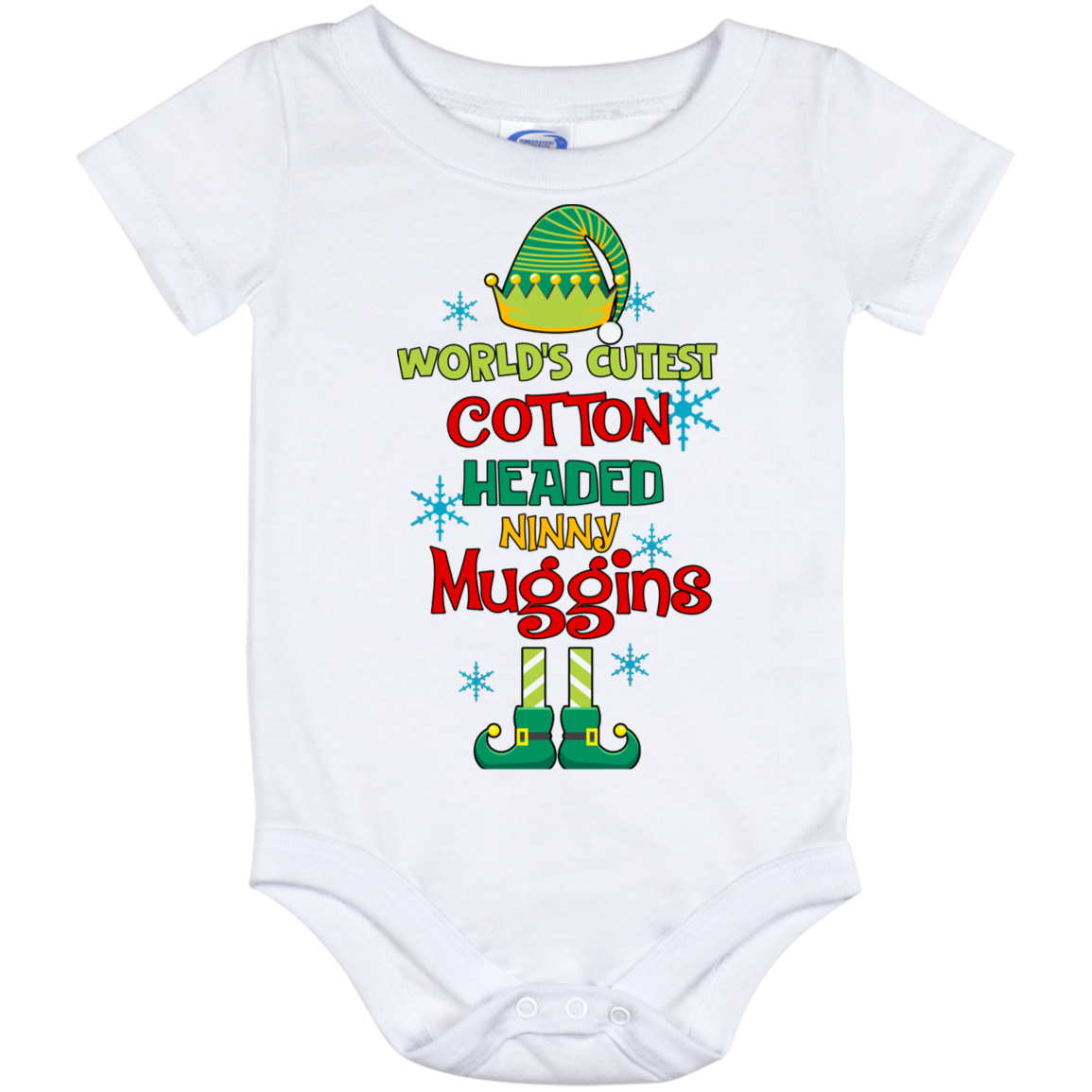 ELF World's Cutest Cotton Headed Ninny Muggins Holiday Baby Onesie - Funny Christmas ELF Baby Infant Bodysuit, White, Baby Onesie - 12 Month