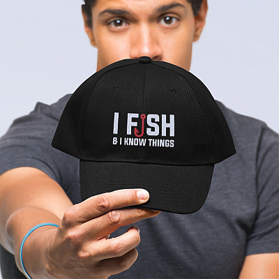 Alternative view of I Fish And I Know Things Funny Fisherman Twill Cap - Fishing High-Profile Snapback Hat