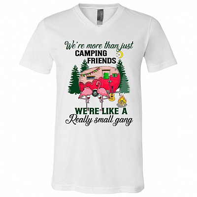 We Are More Than Just Camping Friends We're Like a Really Small Gang T-Shirt - Flamingo Camping V-Neck Tee Gifts, White, V-Neck T-Shirt