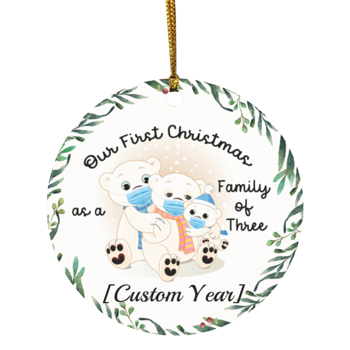 Personalized Family Of Three Polar Bears With Mask Decorative Christmas Ornament-Holiday Flat Circle Ornament, White, Circle Ornament
