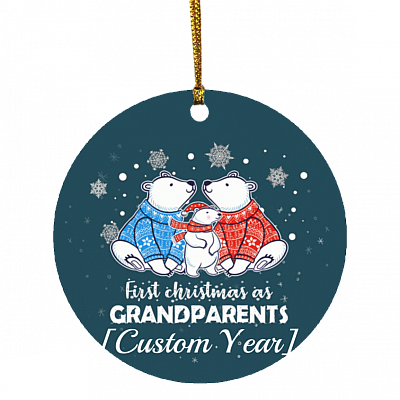Personalized First Christmas As Grandparents Polar Bear Decorative Christmas Ornament - Holiday Flat Circle Ornament, White, Circle Ornament