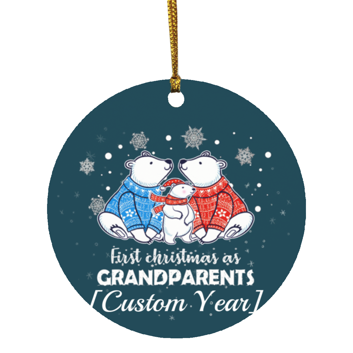 Personalized First Christmas As Grandparents Polar Bear Decorative Christmas Ornament - Holiday Flat Circle Ornament, White, Circle Ornament