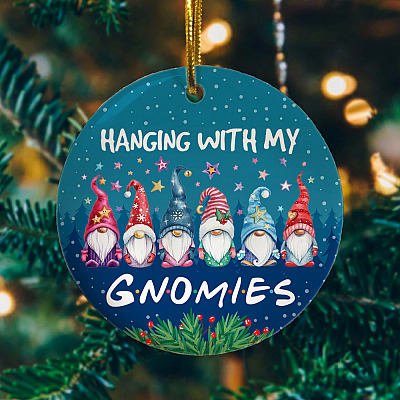 Alternative view of Hanging With My Gnomies Funny Gnomes Decorative Christmas Ornament Holiday Flat Circle Ornament