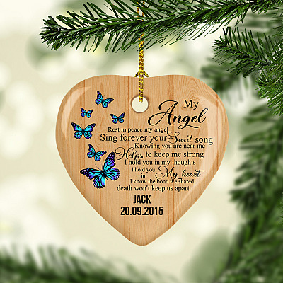 Alternative view of Personalized Butterfly Rest In Peace My Angel Sing Forever Your Sweet Song Memorial Remembrance Heart Ornament
