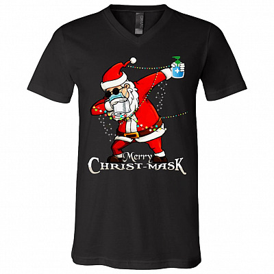 Funny Merry Christ-mask Santa Dabbing Wearing Mask Christmas Gift T-Shirt - V Neck, Black, V-Neck T-Shirt