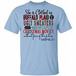 She Is Clothed In Buffalo Plaid Ugly Sweater Watches Christmas Movies T-shirt - Funny Xmas Women T-shirt, Light Blue, Unisex T-Shirt
