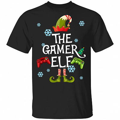 Gamer Elf T-Shirt - Youth Tee - Family Matching Christmas Pajamas Shirt - Funny Christmas Gaming Gamer Gift, Black, Unisex T-Shirt
