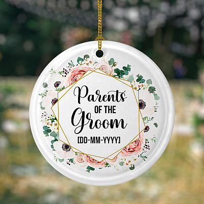 Alternative view of Personalized Parents of the Groom Wedding Gift for Couple Flat Holiday Circle Ornament