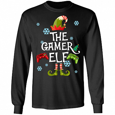 Gamer Elf Hoodie - Sweatshirt - Long Sleeve - Family Matching Christmas Pajamas Sweater - Gaming Gamer Gift, Black, Long Sleeve