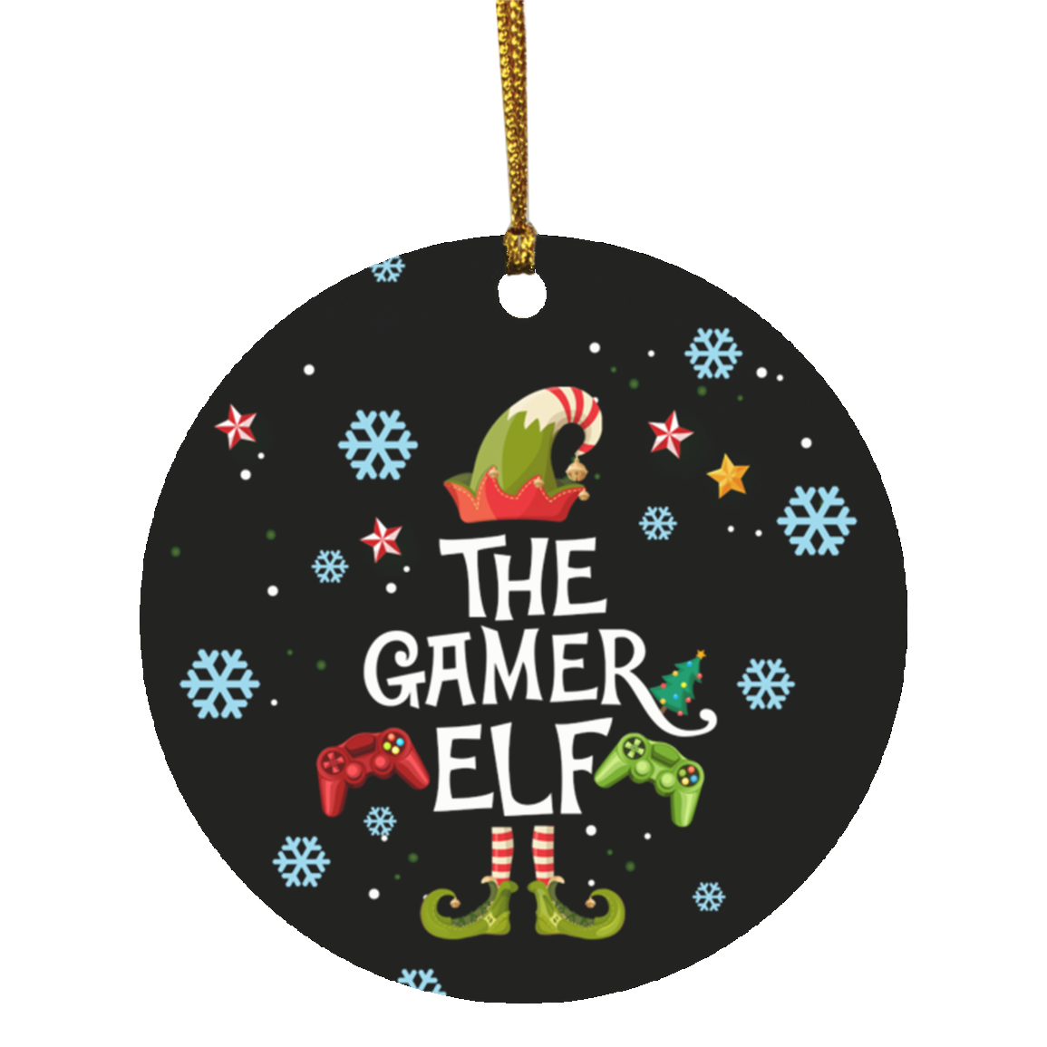 Gamer Elf Decorative Christmas Ornament - Family Matching Christmas Holiday Ornament - Gaming Gamer Gift, White, Circle Ornament
