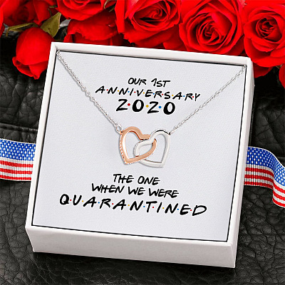 Our 1st Anniversary 2020 The One When We Were Quarantine Joined Interlocking Hearts Pendant Necklace